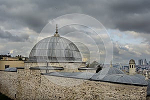 Istanbul from Suleymaniye Mosque, with the Bosphorus Strait and Galata Bridge and tower.