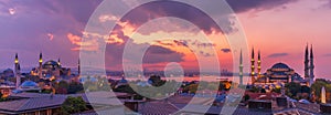 Istanbul sunset, beautiful panorama of the Hagia Sophia and the Blue Mosque, Turkey