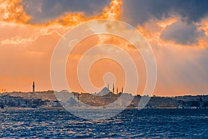 Istanbul at sunset, Turkey. A boat trip on the Bosphorus at sunset. Concept of nice traveling and vacation in Istanbul