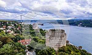 Istanbul, Turkey. Aerial view of the Istanbul Bosphorus. Fatih Sultan Mehmet Bridge and Rumeli Fortress