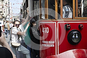 Istanbul, Turkey - April 12, 2024: Tram on Istiklal street