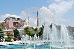 ISTANBUL, TURKEY - August 3, 2016: Hagia Sophia (Ayasofya) museum and fountain view from the Sultan Ahmet Park