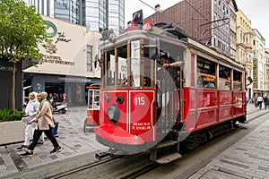 Nostalgic Taksim Tunel Red Tram, or tramvay, at Istiklal Street, Beyoglu district, central Istanbul, Istanbul, Turkey