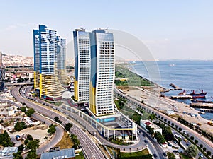 Istanbul, Turkey - February 23, 2018: Aerial Drone View of IstMarina Skyscrapers Avm Shopping Mall in Istanbul Kartal.