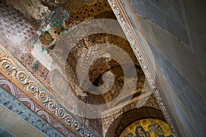 ISTANBUL, TURKEY: Hagia Sophia interior. Mosaic icon in Hagia Sophia. Virgin Mary and Saints. Byzantine Culture
