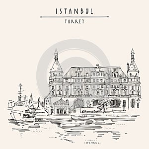 Istanbul, Turkey. Haydarpasa train station and dock. Hand drawn tourist attraction, beautiful old architecture. Travel sketch of a