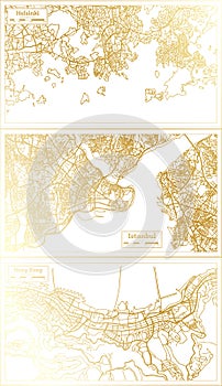 Istanbul Turkey, Hong Kong China and Helsinki Finland City Map Set