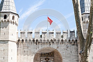 ISTANBUL, TURKEY - MAY 22, 2022: Entrance to Topkapi Palace from the Gate of Salutation, also known as Middle Gate or orta Kapi.