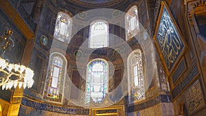 ISTANBUL, TURKEY - MAY, 23, 2019: tilt up shot from the mihrab to ceiling of hagia sophia in istanbul