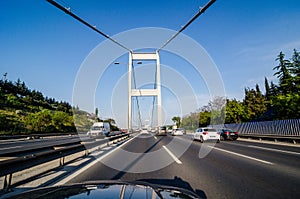 Istanbul, Turkey - May 2, 2017. Driving on Fatih Sultan Mehmet Bridge over Bosporus