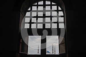 Istanbul, Turkey: Minarets of the Blue mosque. View from the window of Hagia Sophia-the interior of the Basilica