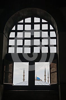 Istanbul, Turkey: Minarets of the Blue mosque. View from the window of Hagia Sophia-the interior of the Basilica