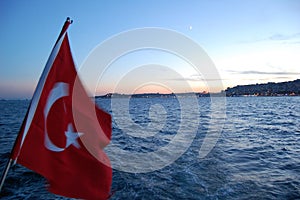 Istanbul (Turkey). Night cruise on the Bosphorus. Golden Horn. Illuminated Galata Bridge. Sunrise photo