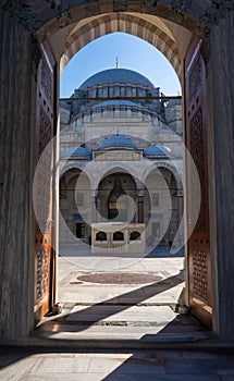 Istanbul, Turkey. 09-November-2018. Beautiful front view of main dome of Suleymaniye mosque from entrance door, Istanbul