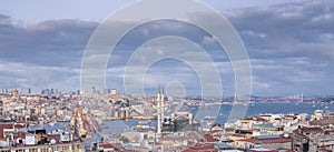 Istanbul, Turkey. 10-November-2018. Panorama of Istanbul city and some landmarks: blue mosque, galata tower and Bosphorus river