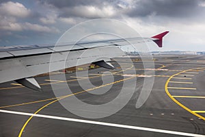 Istanbul, Turkey Ã¢â¬â November 2020. the wing of an airplane when landing at an international airport