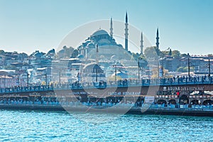 ISTANBUL, TURKEY - October 9th, 2019: View to Galata bridge and Suleymaniye mosque