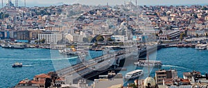 ISTANBUL, TURKEY - SEPTEMBER 21, 2019: city view and road traffic on the bridge over Golden horn Bay