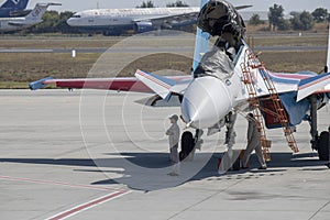 Istanbul, Turkey - September-18,2019: Teknofest 2019 air shows Russian Su-35 aircraft close-up photo