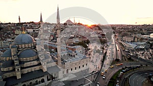 Istanbul, Turkey on sunset. Aerial view of suleymaniye mosque. Istanbul panoramic view.