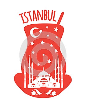 Istanbul, Turkey. Travel illustration of famous turkish symbol the Sultan Ahmet Blue Mosque, crescent moon, night sky with stars.