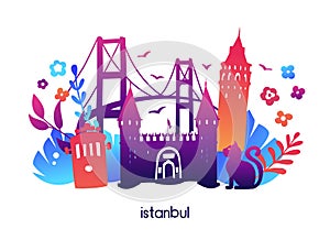 Istanbul, Turkey. Vector illustration with symbols of turkish city: Galata tower, Topkapi palace gate, Bosphorus bridge.