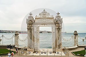 Istanbul, Turkey - 05.05.2021: View over the Dolmabahce gate in the eponymous palace.