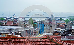 Istanbul Turkey view over the roofs to Sea of Marmara in rainy spring day