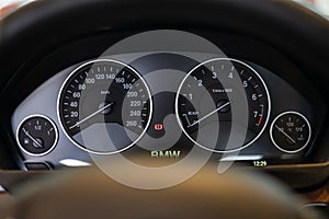 Istanbul, Turkiye - September 2020: BMW Car instrument panel. Dashboard with speedometer, tachometer, odometer