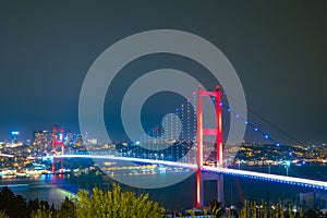 Istanbul view at night. Bosphorus Bridge or 15th july martyrs' bridge