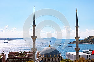 Istanbul view. Nusretiye Mosque and ferries on the Bosphorus
