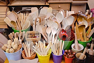 Istanbul, wooden utensils for sale at the bazaar Tahtakale