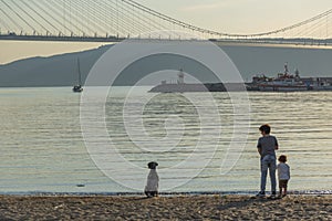 istanbul yavuz sultan selim bridge taken from the beach towards sunset people dogs
