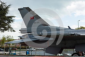 Istanbul, Yesilkoy - Turkey - 04.20.2023: F-16 Falcon Fighter Jet Plane, Supersonic jet Fighter and Bomber, Tail Details