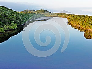 Itaguare river in Bertioga, Brazil near the mouth in ocean