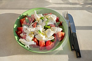 Itaian vegetarian food, fresh caprese salad made with white soft italian mozzarella cheese, red tomato and green basil