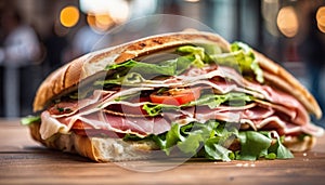 Italian sandwich with ham and vegetables, generative AI photo