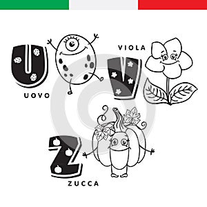 Italian alphabet. Egg, violet, pumpkin. Vector letters and characters.
