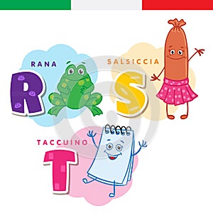 Italian alphabet. Frog, sausage, notepad. Vector letters and characters.