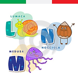 Italian alphabet. Snail, hazelnut, jellyfish. Vector letters and characters.