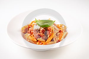 Italian Amatriciana Pasta with tomato sauce and smoked bacon