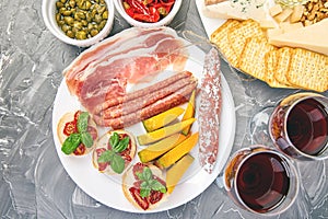 Italian antipasti wine snacks set. Italian food.