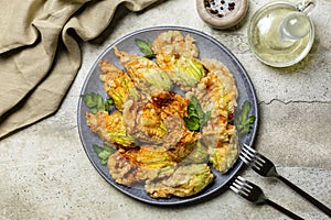 Italian appetizer. Fried in a batter Zucchini Flowers stuffed with ricotta