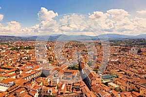 Italian architecture. Panoramic view, aerial skyline of Florence Firenze Cathedral of Santa Maria del Fiore, Ponte Vecchio bridge