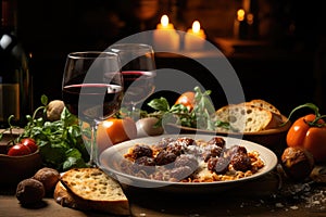 Italian banquet: pasta, wine, tiramisu and more., generative IA