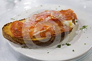 Italian bread crostino with mozzarella and spicy salami photo