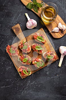 Italian bruschetta bread with tomato and basil