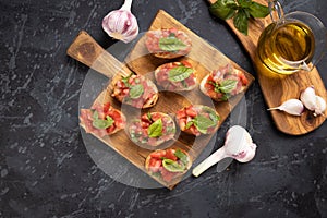 Italian bruschetta bread with tomato and basil