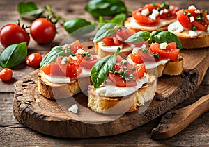 Italian bruschetta with fried tomatoes, slices of mozzarella and herbs on a wooden tray