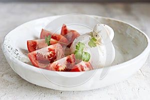 Italian burrata cheese with tomatoes and olive oil
